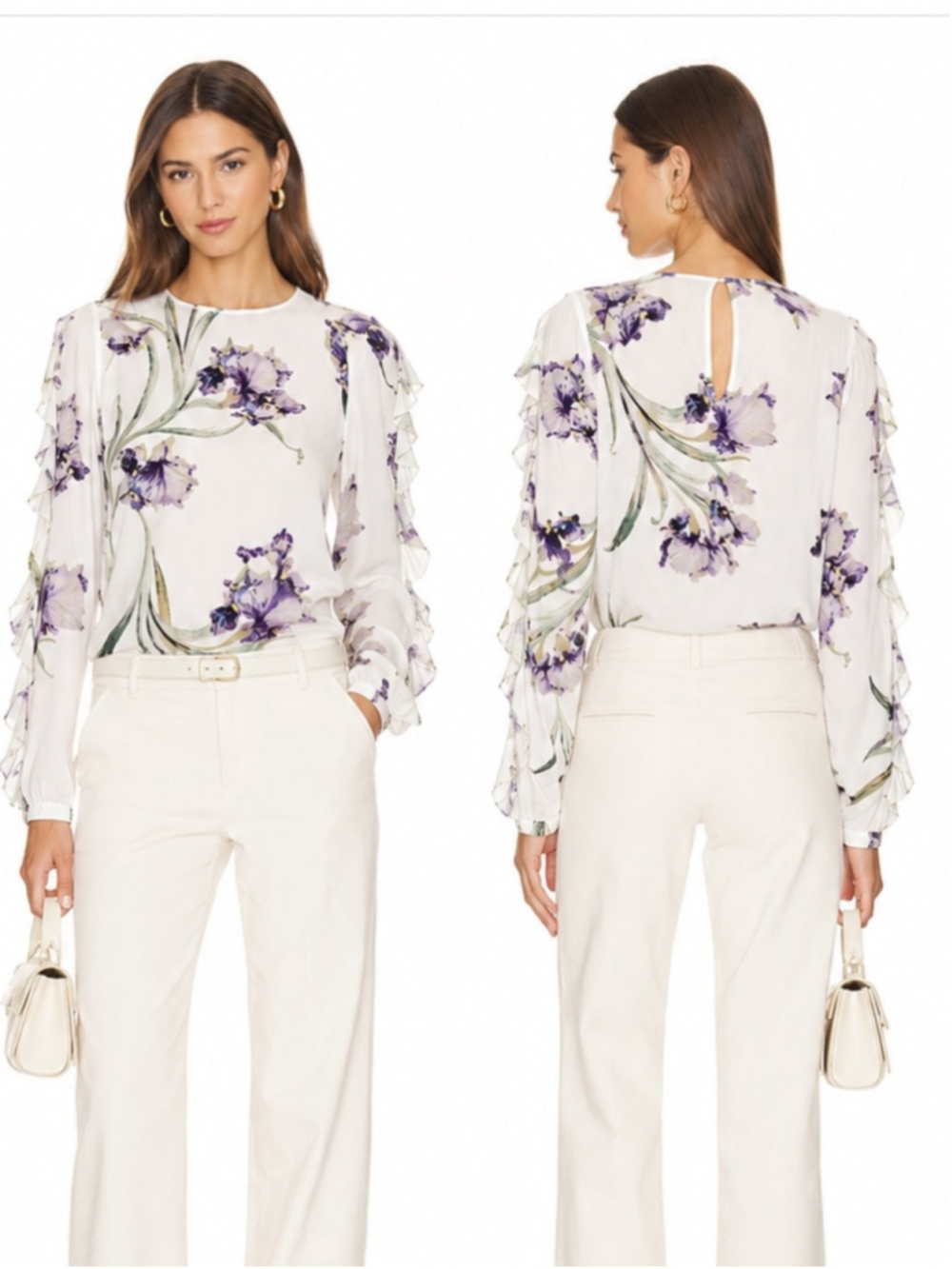 Club Monaco White Blouse with Purple Floral Print and Ruffle Sleeves - Picture 1 of 8